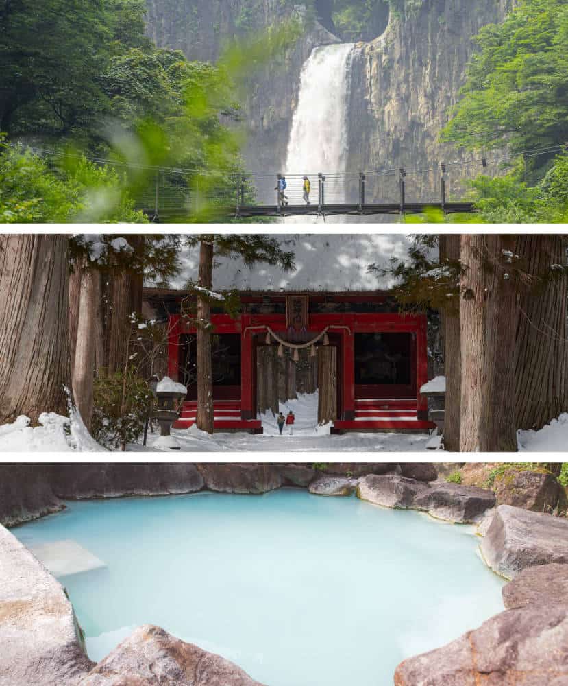 Naena Waterfall, a large waterfall with people waling in front of it. Togakushi shrines red gate covered in snow. Tsubame onsen outdoor hot spring.